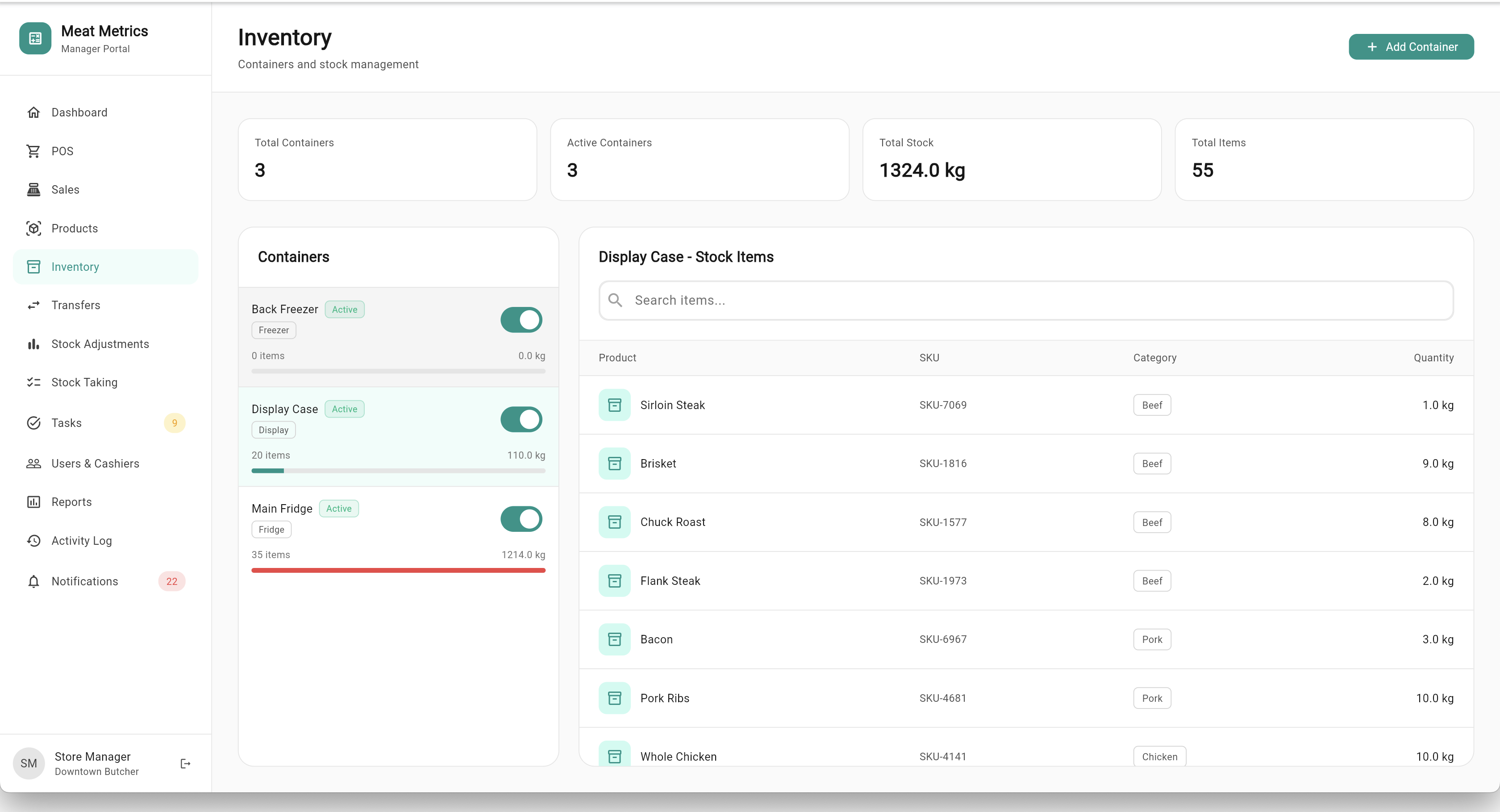 Manager tasks screen showing side menu features